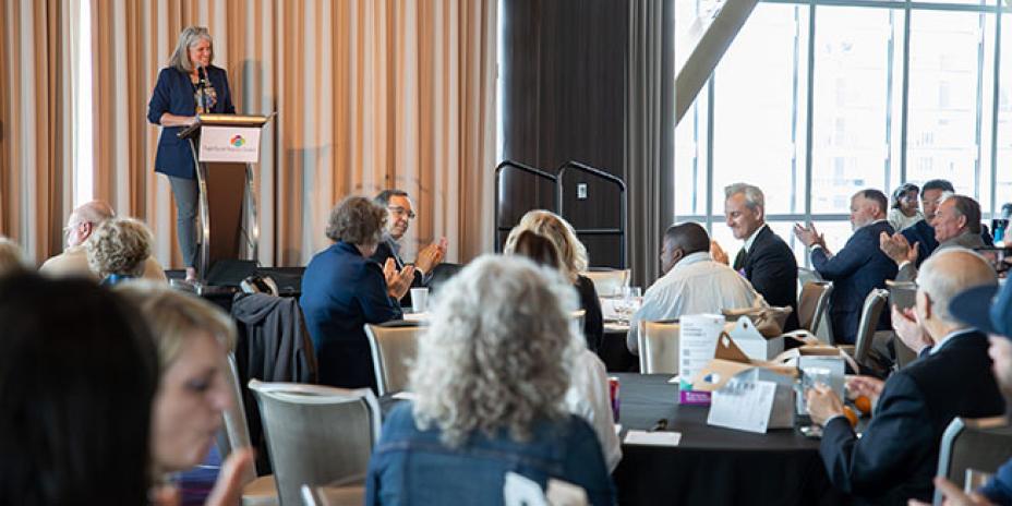 Councilmember Claudia Balducci, outgoing PSRC President, addressing the General Assembly at the 2023 meeting.