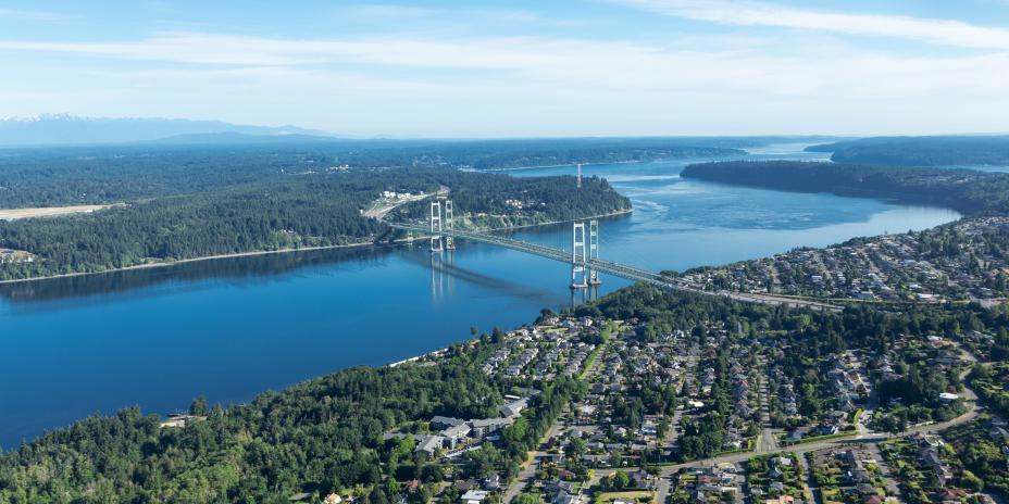 Aerial view of the Tacoma Narrows Bridge